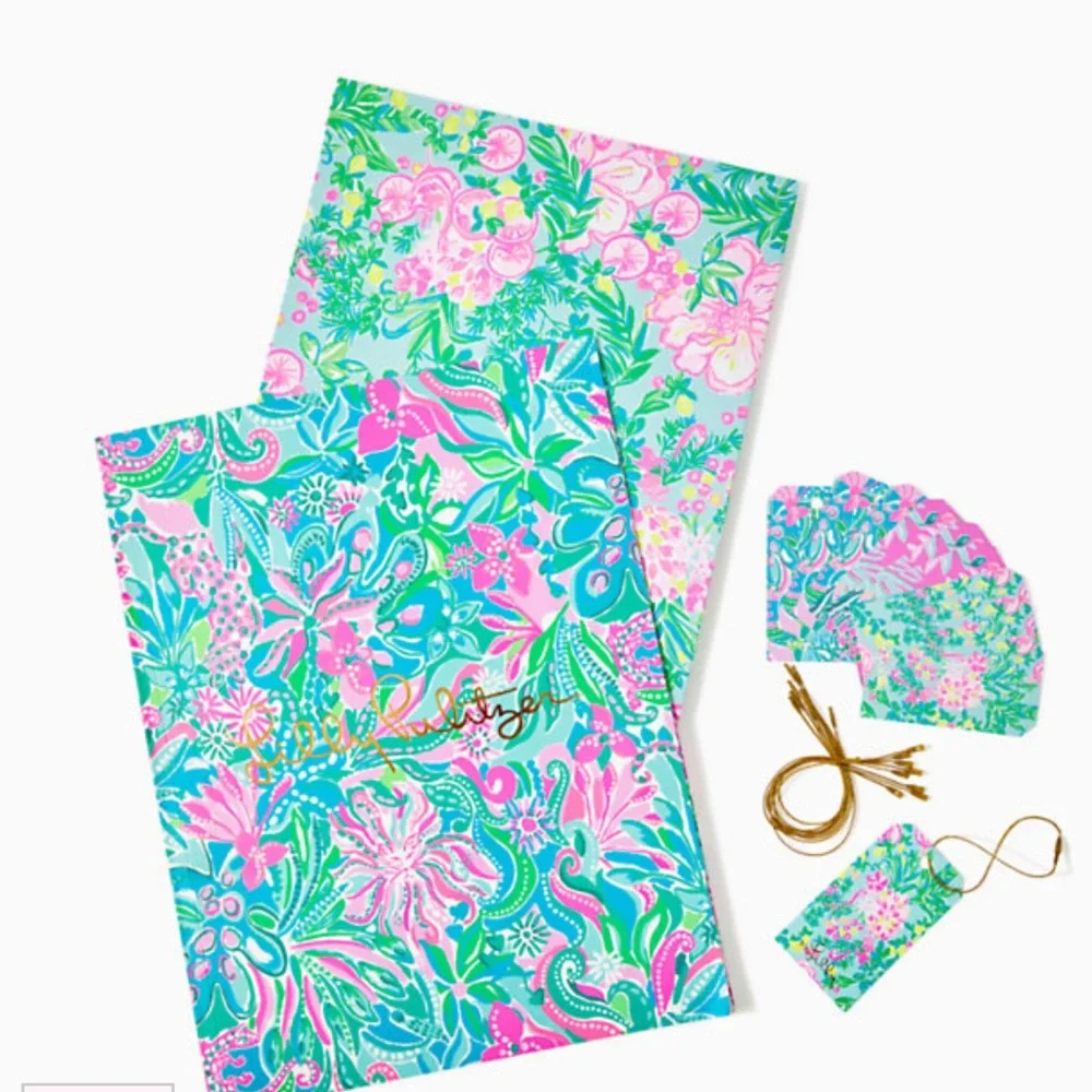 NWT Lilly Pulitzer Gift Wrap Set 12 Sheets & Tags Turquoise Oasis Golden Hour